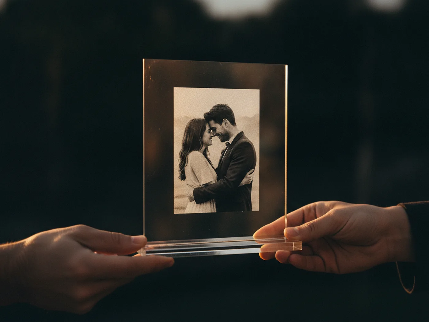 Il blocco di plexiglass con la foto incisa tra le mani di una persona che lo riceve in regalo